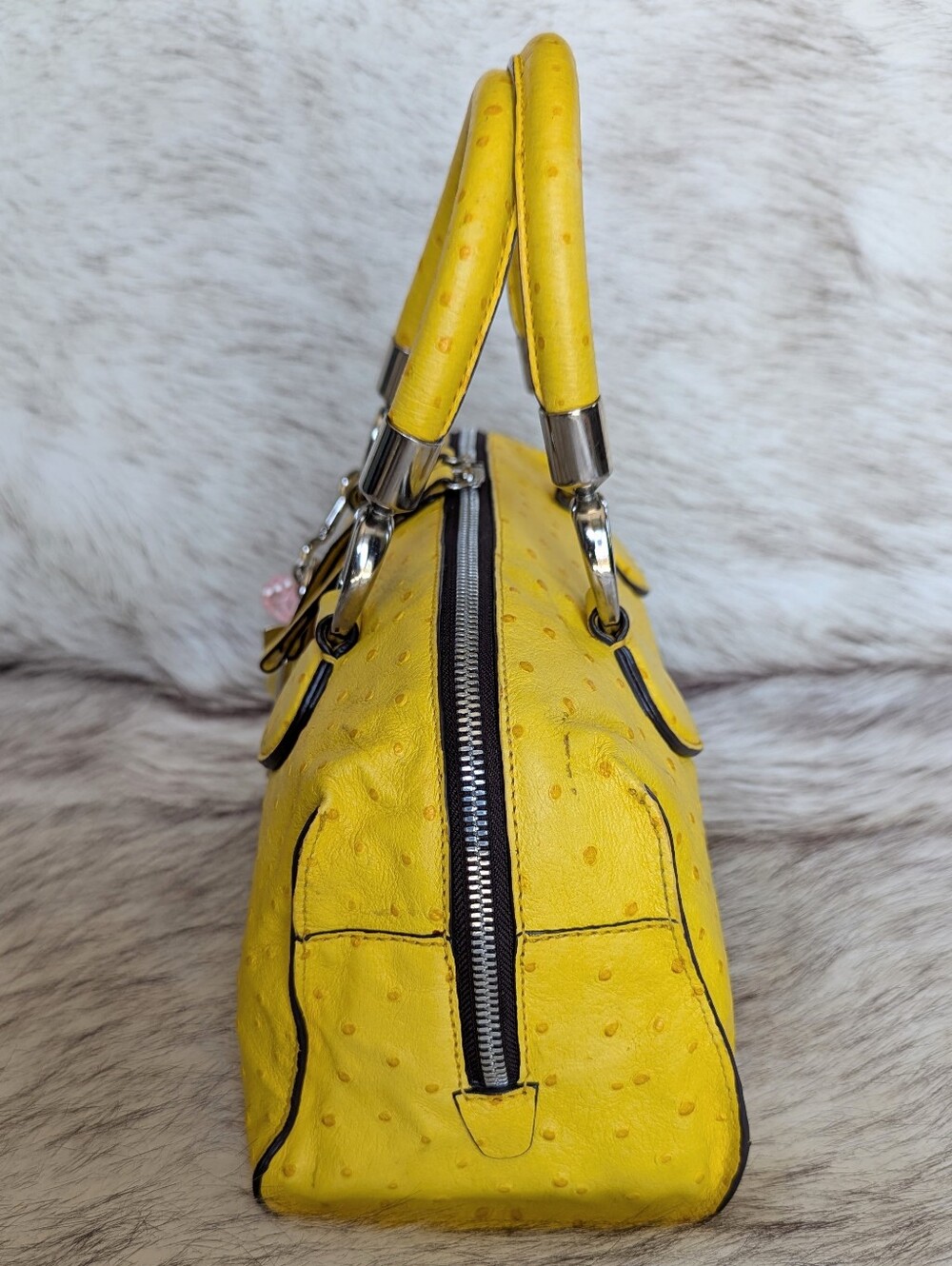 Coccinelle Bright Yellow Ostrich Embossed Convertible Satchel Crossbody Bag - Picture 7 of 14